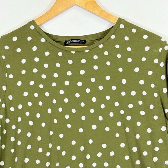 Zara Olive Green White Polka Dot‎ Hi Low Jersey Knit T-Shirt Top Women's Medium - Picture 2 of 7